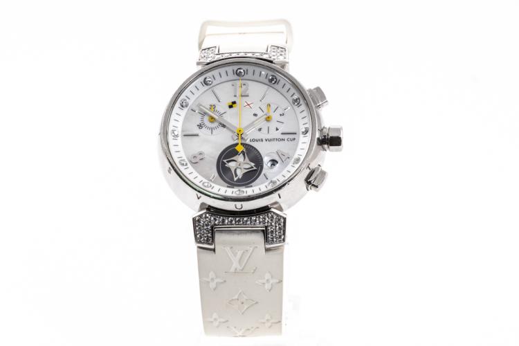 LOUIS VUITTON Stainless Steel Rubber Mother of Pearl 34mm Tambour Lovely Cup  Quartz Watch 936658