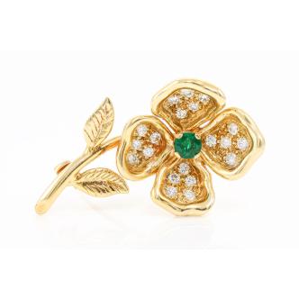 0.30ct Emerald and Diamond Flower Brooch