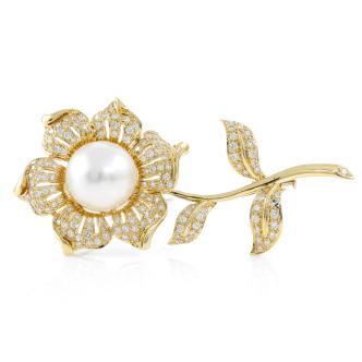 13.6mm Pearl and Diamond Flower Brooch