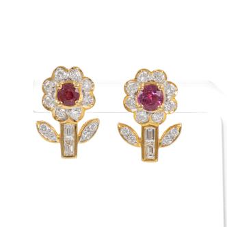 Ruby & Diamond Flower Design Earrings