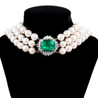 Akoya Pearl & 12.47ct Emerald Necklace