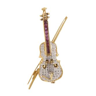 Ruby and Diamond Violin Brooch/Pendant