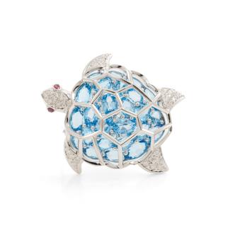 Blue Topaz, Ruby & Diamond Turtle Brooch